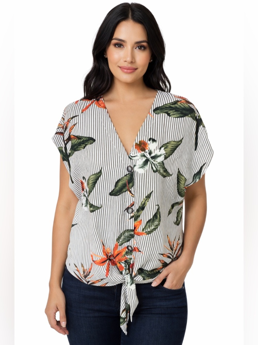 Sienna Sky Tropical Floral Tie Front Blouse Striped Leaf Print Resort Top